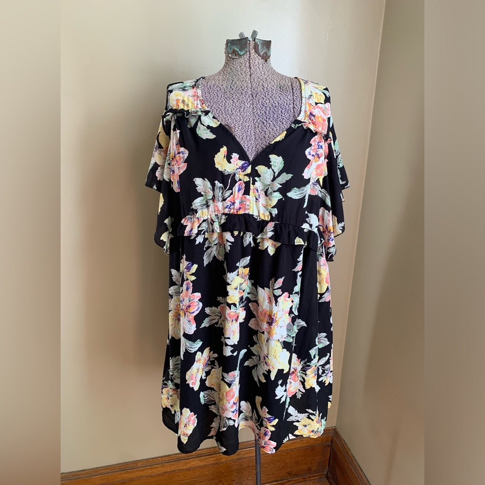 Umgee Black Floral Cold-Shoulder Dress